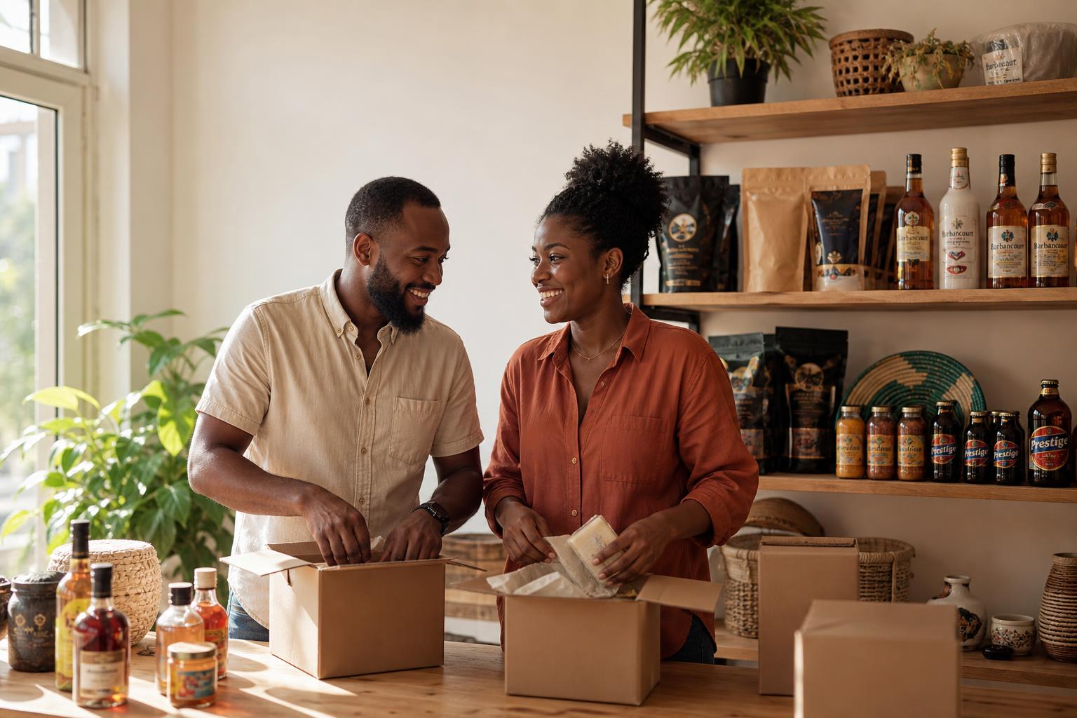 Haitian entrepreneur couple packing authentic Haitian products — Barbancourt, Prestige, coffee, spices and artisan goods — for diaspora customers